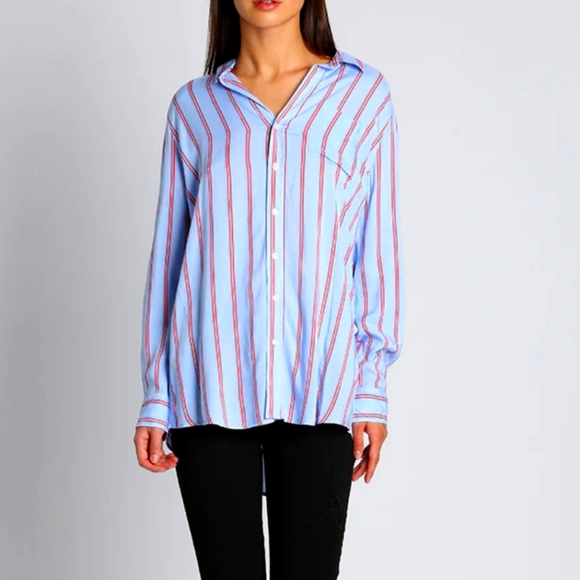 Oversized Striped Button Shirt Gorgeous Fabric Loose & Flowy Lrg 100% Rayon - Picture 2 of 16